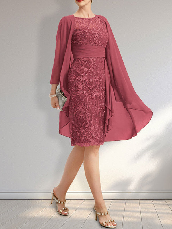 Sheath Scoop Illusion Knee-Length Lace Chiffon Mother of the Bride Dress With Cascading Ruffles Sequins