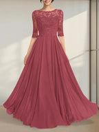 A-line Scoop Illusion Floor-Length Chiffon Lace Mother of the Bride Dress With Pleated Sequins by Dreamylily