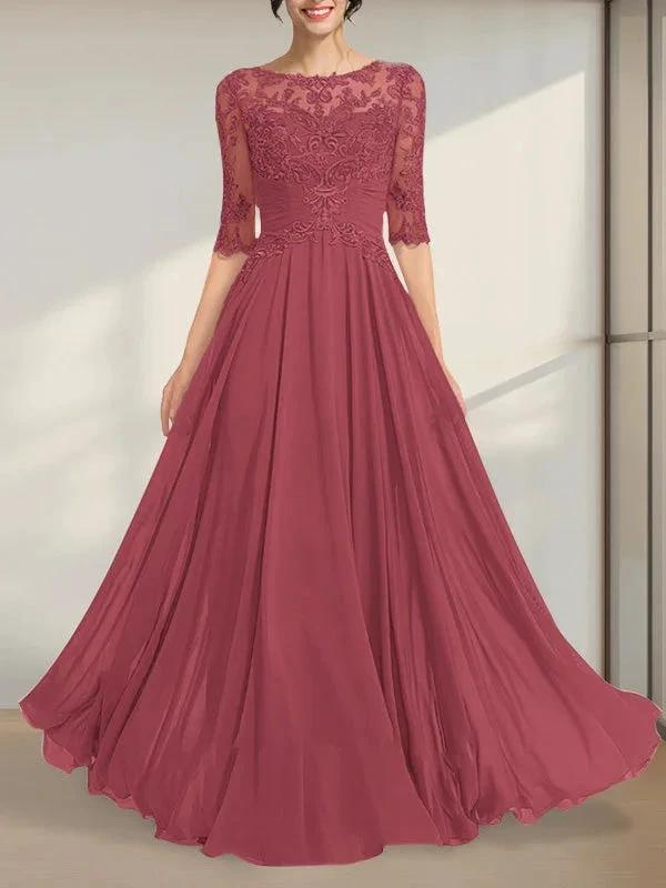 A-line Scoop Illusion Floor-Length Chiffon Lace Mother of the Bride Dress With Pleated Sequins by Dreamylily