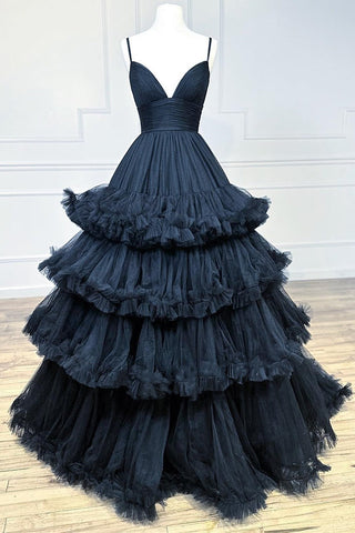 Wrenlee | Vestido de fiesta de tul con escote en V y volantes escalonados