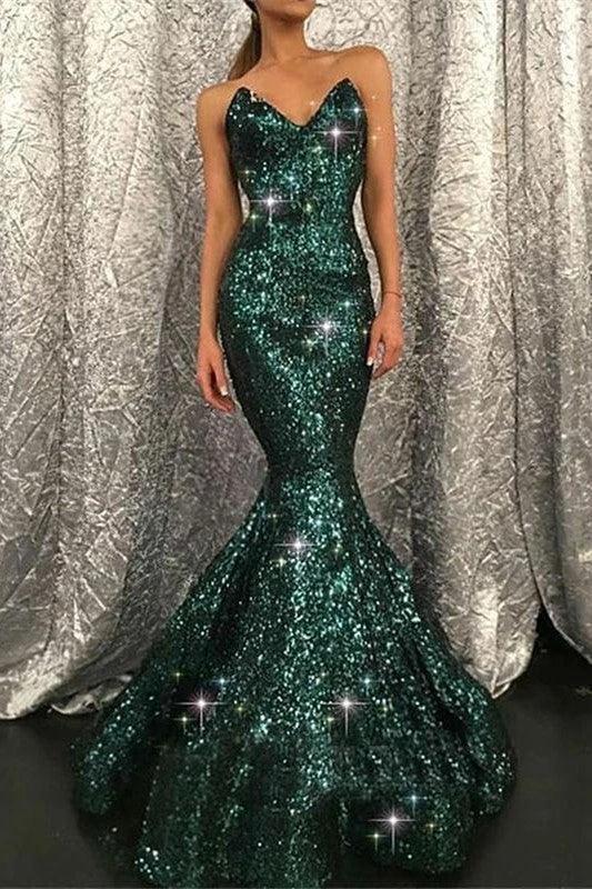Dark Green Long Sweetheart Mermaid Sequins Prom Dress by BIZTUNNEL