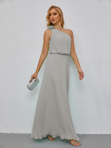 Ruffled One Shoulder Sleeveless Long Bridesmaid Dresses A-line Formal Evening Gown Side Split 28080