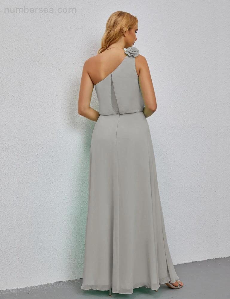 Ruffled One Shoulder Sleeveless Long Bridesmaid Dresses A-line Formal Evening Gown Side Split 28080 by numbersea