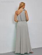 Ruffled One Shoulder Sleeveless Long Bridesmaid Dresses A-line Formal Evening Gown Side Split 28080 by numbersea