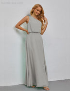 Ruffled One Shoulder Sleeveless Long Bridesmaid Dresses A-line Formal Evening Gown Side Split 28080 by numbersea