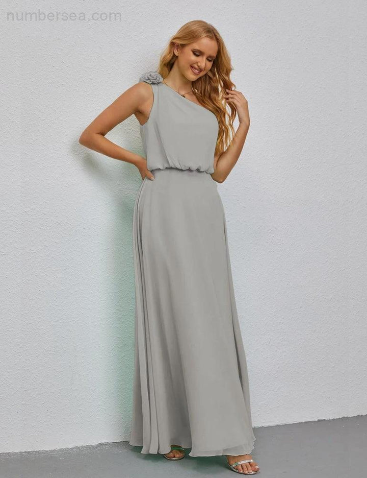 Ruffled One Shoulder Sleeveless Long Bridesmaid Dresses A-line Formal Evening Gown Side Split 28080 by numbersea