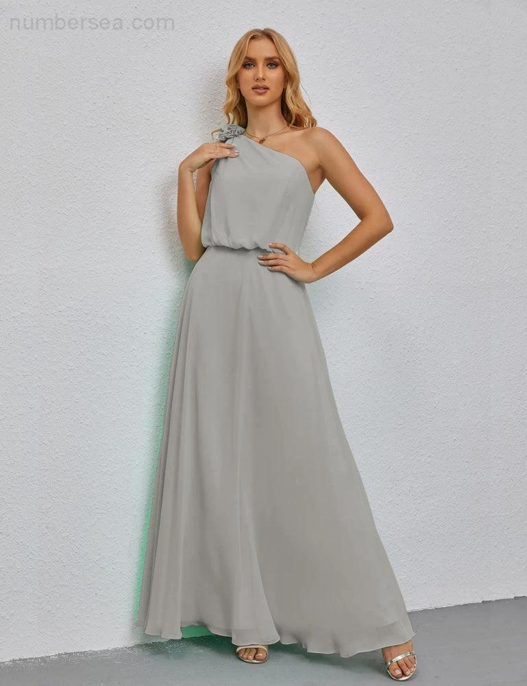 Ruffled One Shoulder Sleeveless Long Bridesmaid Dresses A-line Formal Evening Gown Side Split 28080 by numbersea