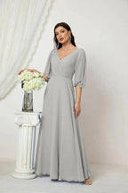 Numbersea Formal Prom Gown Women V-Neck Chiffon Bridesmaid Dresses Long Bishop Sleeve Party Dress 2807 by numbersea