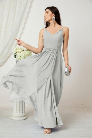 Numbersea Chiffon V-Neck Bridesmaid Dress Spaghetti Strap Long Formal Party Prom Gowns with Slit 28010