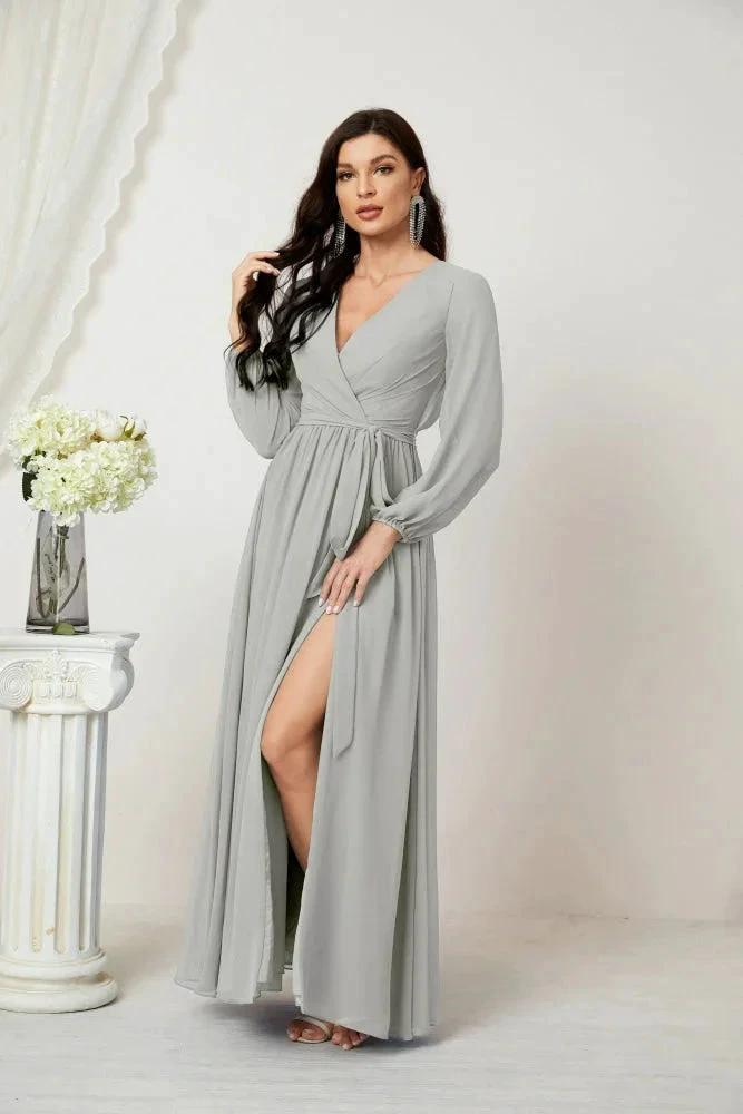Sunnderly Evening Dresses Deep V-Neck Chiffon Bridesmaid Dresses Long Bishop Sleeve Side Split Formal Dress SY2806 by numbersea