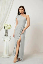 Numbersea Chiffon Ruffled One Shoulder Long Bridesmaid Dresses A-line Formal Evening Gown Side Split 2809 by numbersea