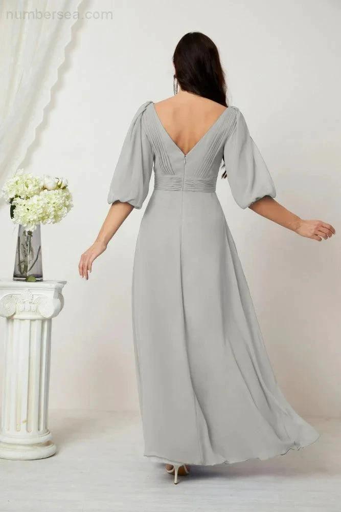 Numbersea Formal Prom Gown Women V-Neck Chiffon Bridesmaid Dresses Long Bishop Sleeve Party Dress 2807 by numbersea