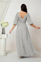 Numbersea Formal Prom Gown Women V-Neck Chiffon Bridesmaid Dresses Long Bishop Sleeve Party Dress 2807 by numbersea