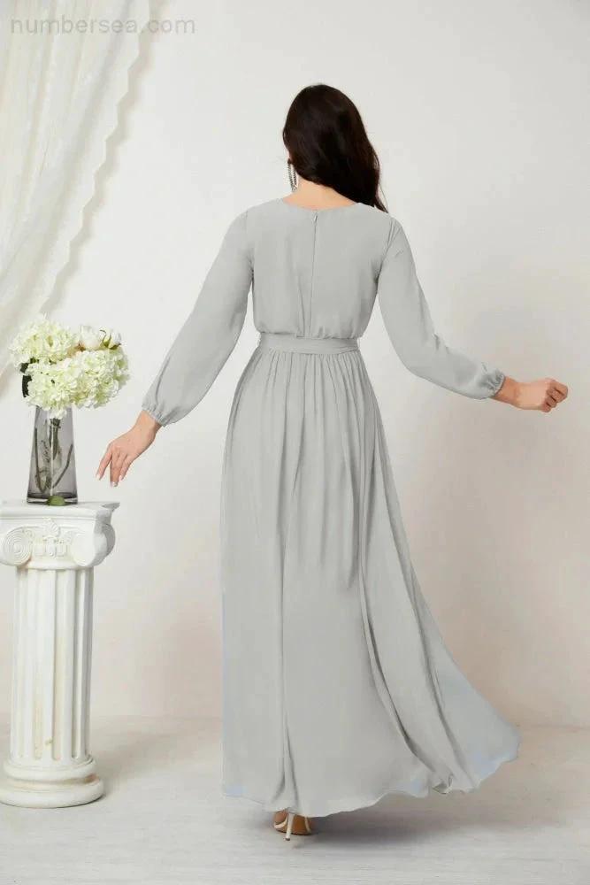 Sunnderly Evening Dresses Deep V-Neck Chiffon Bridesmaid Dresses Long Bishop Sleeve Side Split Formal Dress SY2806 by numbersea