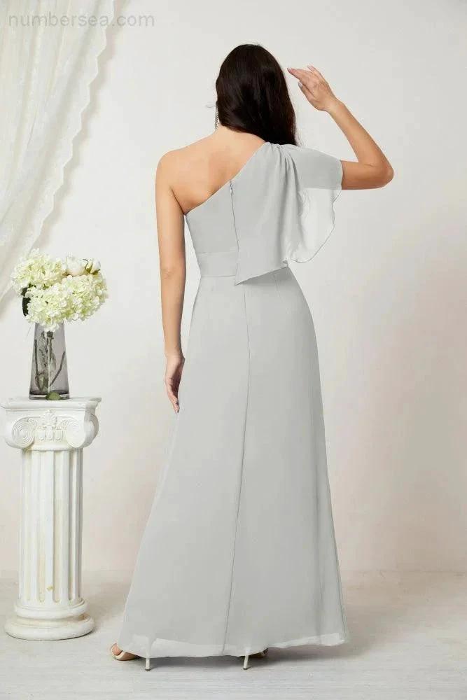 Numbersea Chiffon Ruffled One Shoulder Long Bridesmaid Dresses A-line Formal Evening Gown Side Split 2809 by numbersea