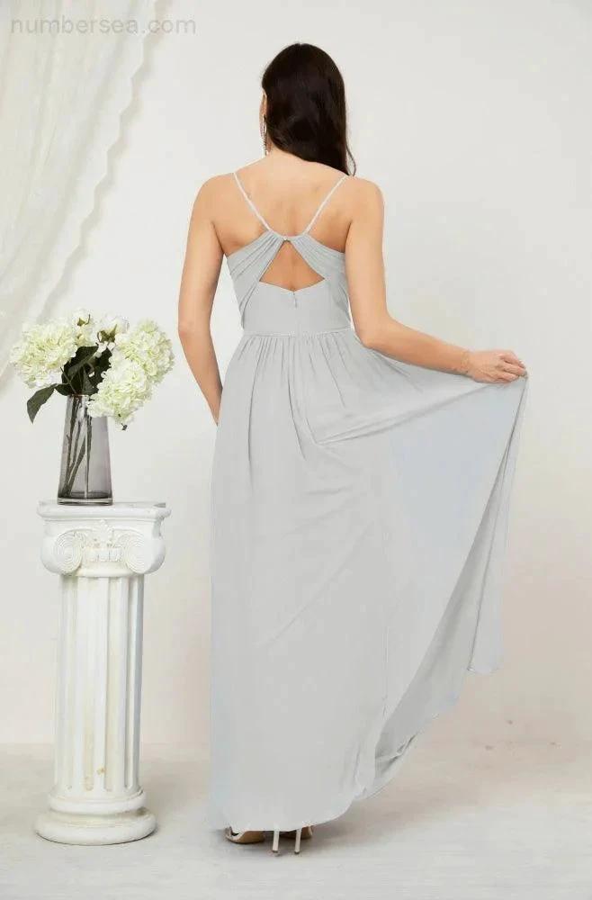 Numbersea Neck Bridesmaid Dresses Chiffon Long Spaghetti A-line Formal Prom Gown for Wedding Party Evening 2801 by numbersea