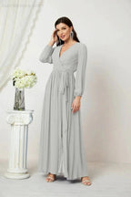 Sunnderly Evening Dresses Deep V-Neck Chiffon Bridesmaid Dresses Long Bishop Sleeve Side Split Formal Dress SY2806 by numbersea