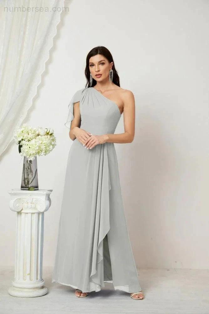 Numbersea Chiffon Ruffled One Shoulder Long Bridesmaid Dresses A-line Formal Evening Gown Side Split 2809 by numbersea