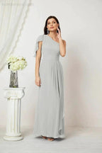 Numbersea Chiffon Ruffled One Shoulder Long Bridesmaid Dresses A-line Formal Evening Gown Side Split 2809 by numbersea