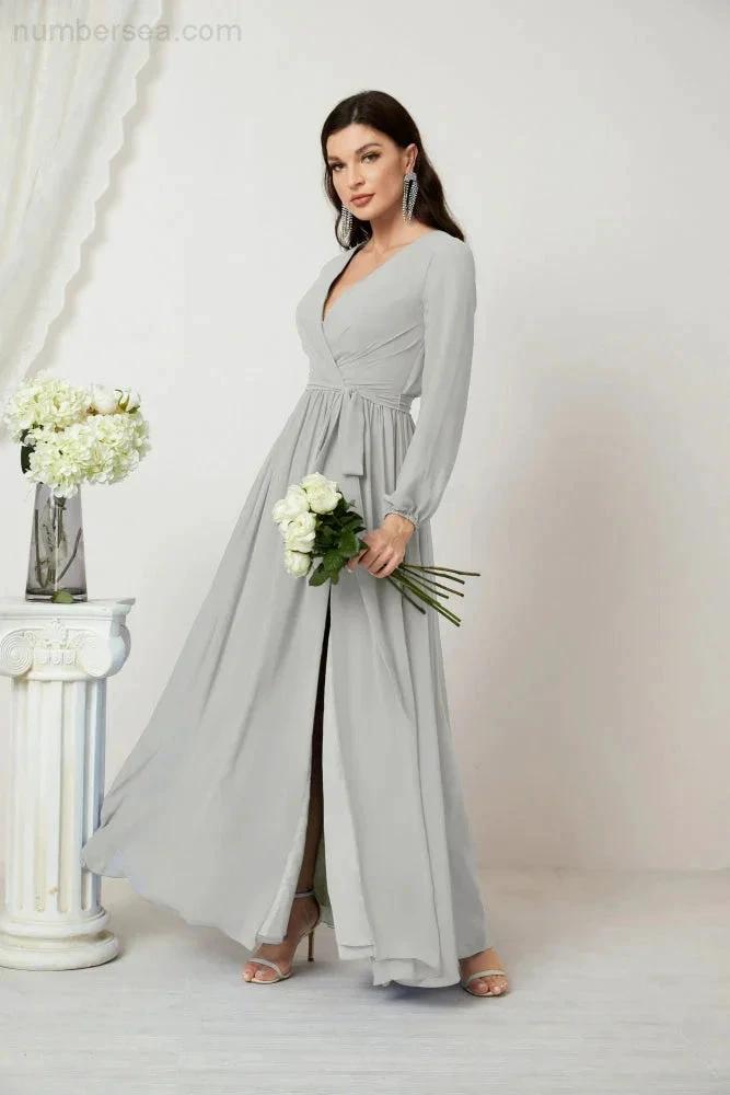 Sunnderly Evening Dresses Deep V-Neck Chiffon Bridesmaid Dresses Long Bishop Sleeve Side Split Formal Dress SY2806 by numbersea
