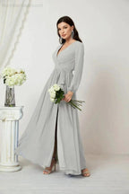 Sunnderly Evening Dresses Deep V-Neck Chiffon Bridesmaid Dresses Long Bishop Sleeve Side Split Formal Dress SY2806 by numbersea