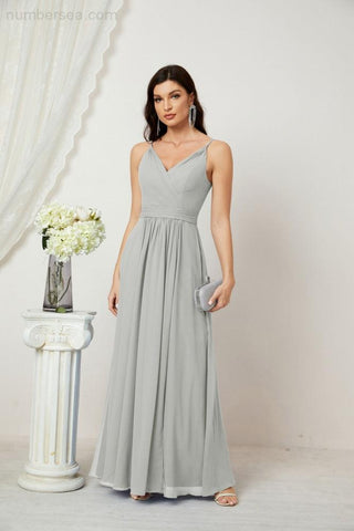 Numbersea Chiffon V-Neck Bridesmaid Dress Spaghetti Strap Long Formal Party Prom Gowns with Slit 28010