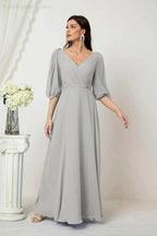 Numbersea Formal Prom Gown Women V-Neck Chiffon Bridesmaid Dresses Long Bishop Sleeve Party Dress 2807 by numbersea
