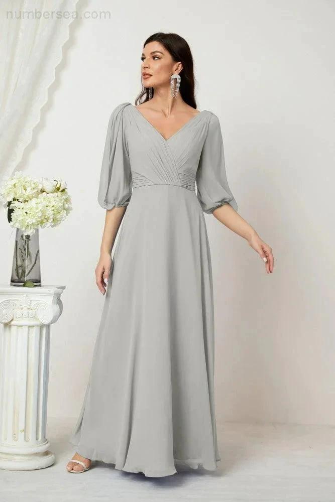 Numbersea Formal Prom Gown Women V-Neck Chiffon Bridesmaid Dresses Long Bishop Sleeve Party Dress 2807 by numbersea