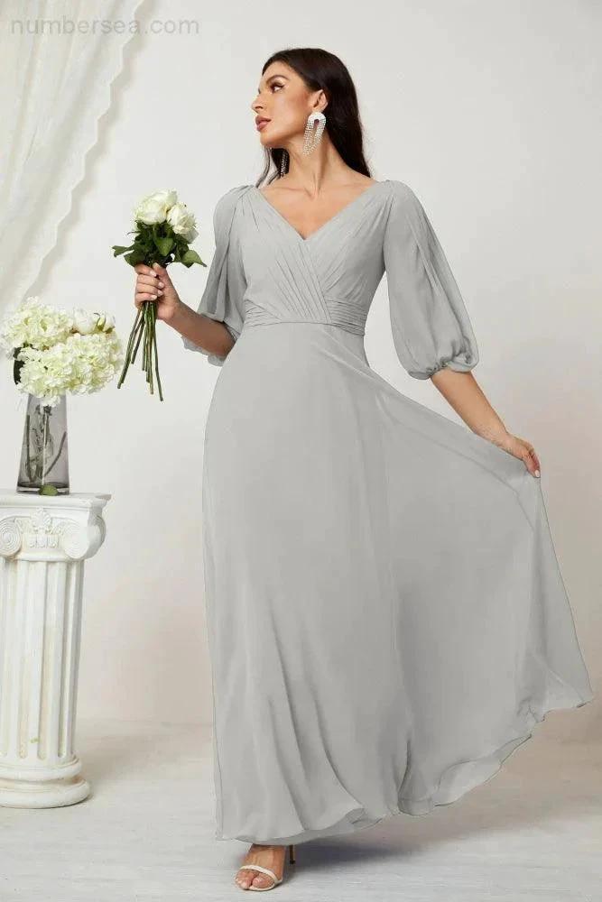 Numbersea Formal Prom Gown Women V-Neck Chiffon Bridesmaid Dresses Long Bishop Sleeve Party Dress 2807 by numbersea