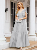 Numbersea Women's Open Back Formal Evening Party Prom Gowns V-Neck Long Chiffon Bridesmaid Dresses with Waist Belt 28038 by numbersea