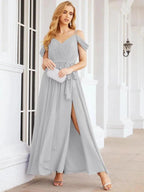 Numbersea Off The Shoulder Chiffon Bridesmaid Dress Long Formal Graduation Gown with Cowl Back 28069 by numbersea