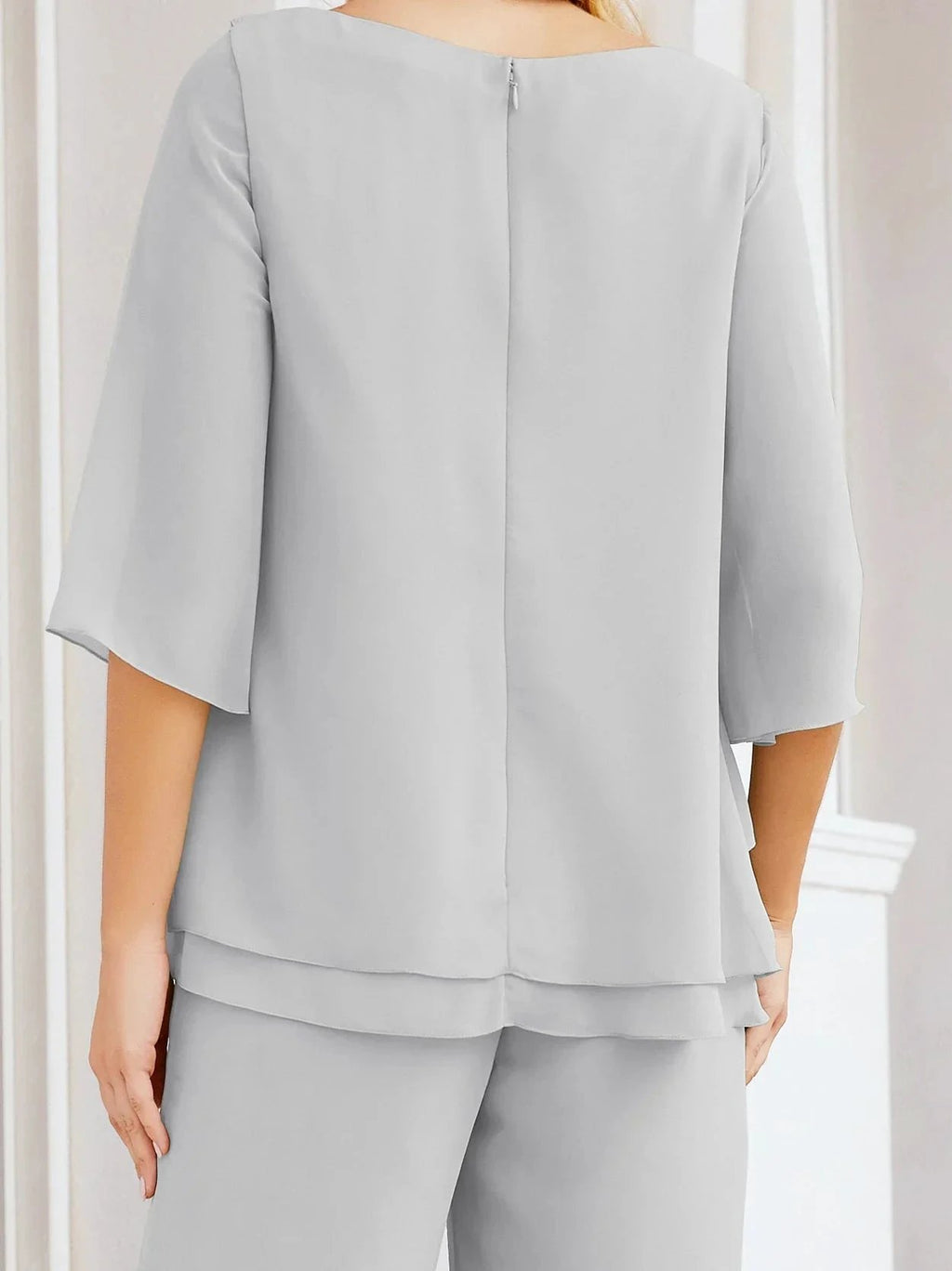 Sunnderly Elegant 2 Piece Mother of The Bride Dress Plus Size Pant Suits Ruffle Layers Sliver Housecoat SY28064 by numbersea