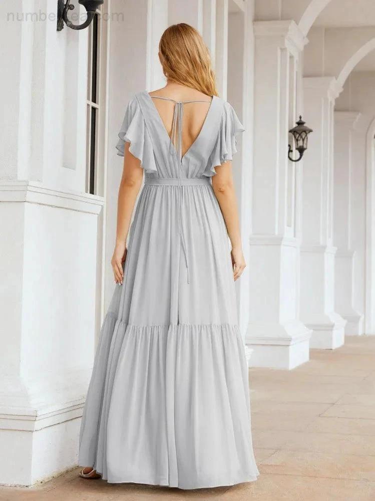Numbersea Women's Open Back Formal Evening Party Prom Gowns V-Neck Long Chiffon Bridesmaid Dresses with Waist Belt 28038 by numbersea