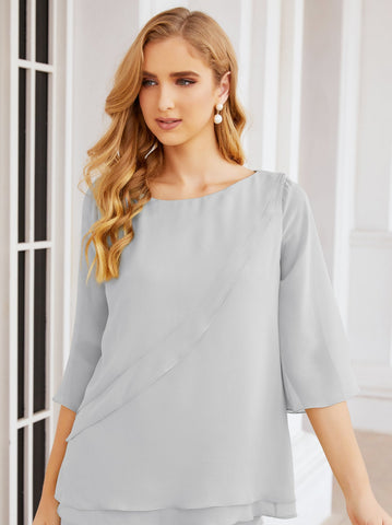 Sunnderly Elegant 2 Piece Mother of The Bride Dress Plus Size Pant Suits Ruffle Layers Sliver Housecoat SY28064