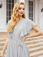 Numbersea Women's Open Back Formal Evening Party Prom Gowns V-Neck Long Chiffon Bridesmaid Dresses with Waist Belt 28038 by numbersea