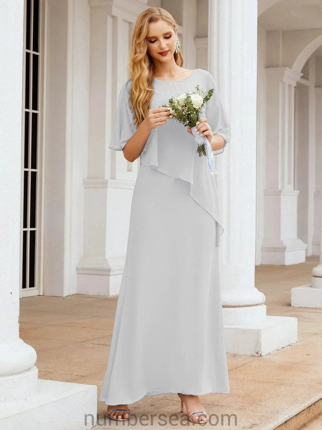 Sunnderly Formal Party Gown Dress Long Mother of The Bride Dresses with Ruffle Cape SY28026 by numbersea