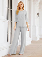 Sunnderly Elegant 2 Piece Mother of The Bride Dress Plus Size Pant Suits Ruffle Layers Sliver Housecoat SY28064 by numbersea