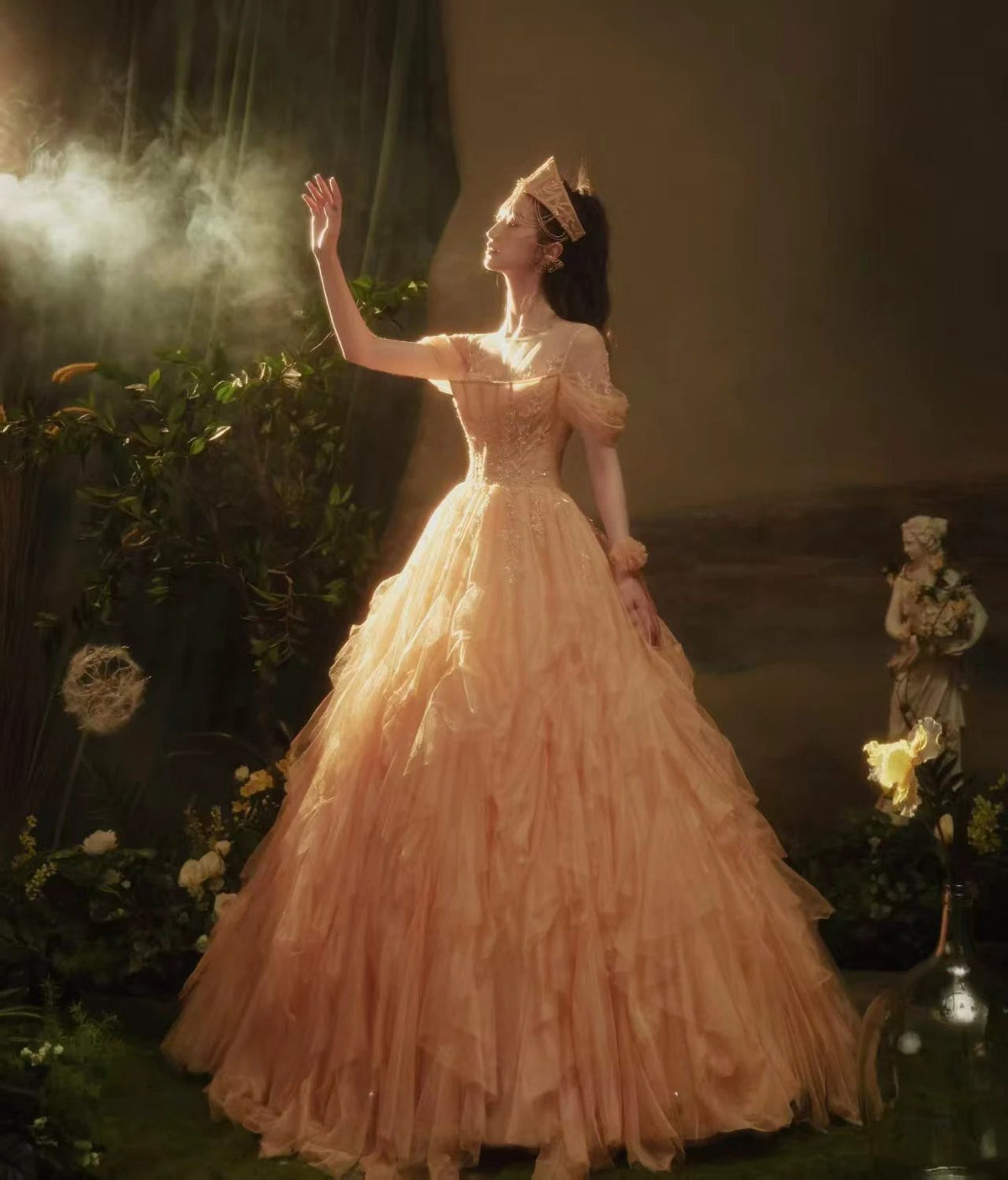 Ethereal Sunset-Hued Tulle Ball Gown with Illusion Neckline, Puff Sleeves & Sequin Floral Embroidery by ZAPDRESS