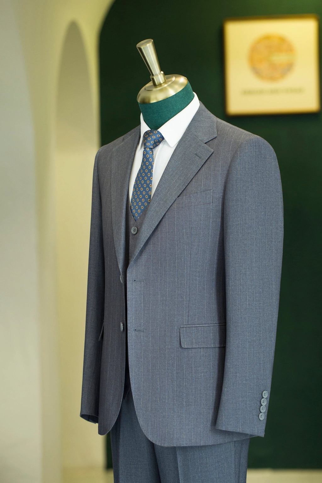 Three-Piece Subtle Pinstripe Grey Wool Suit | Tailored Formal Groom & Business Suit by 男装