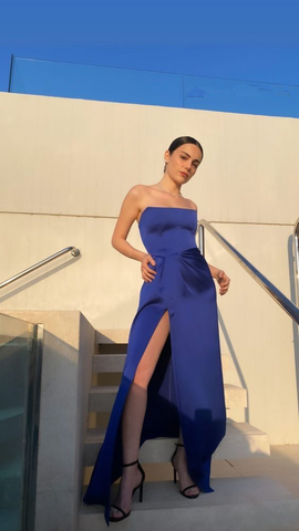 Vestido de fiesta azul real sexy sin tirantes con abertura, vestido de noche largo Y7642