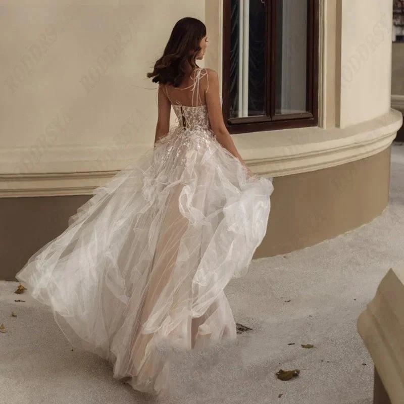 Elegant Spaghetti Straps Wedding Dress Sexy Lace Up Backless Robe De Mariée Romantic Square Collar Tulle Bridal Gowns by payinti