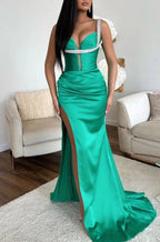 Sleeveless Spaghetti Strap Mermaid Prom Dress with High Slit V Neck in Jade by BIZTUNNEL
