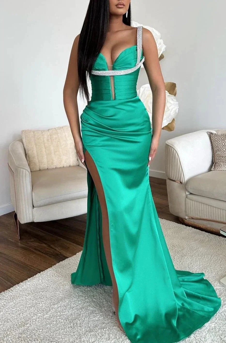 Sleeveless Spaghetti Strap Mermaid Prom Dress with High Slit V Neck in Jade by BIZTUNNEL