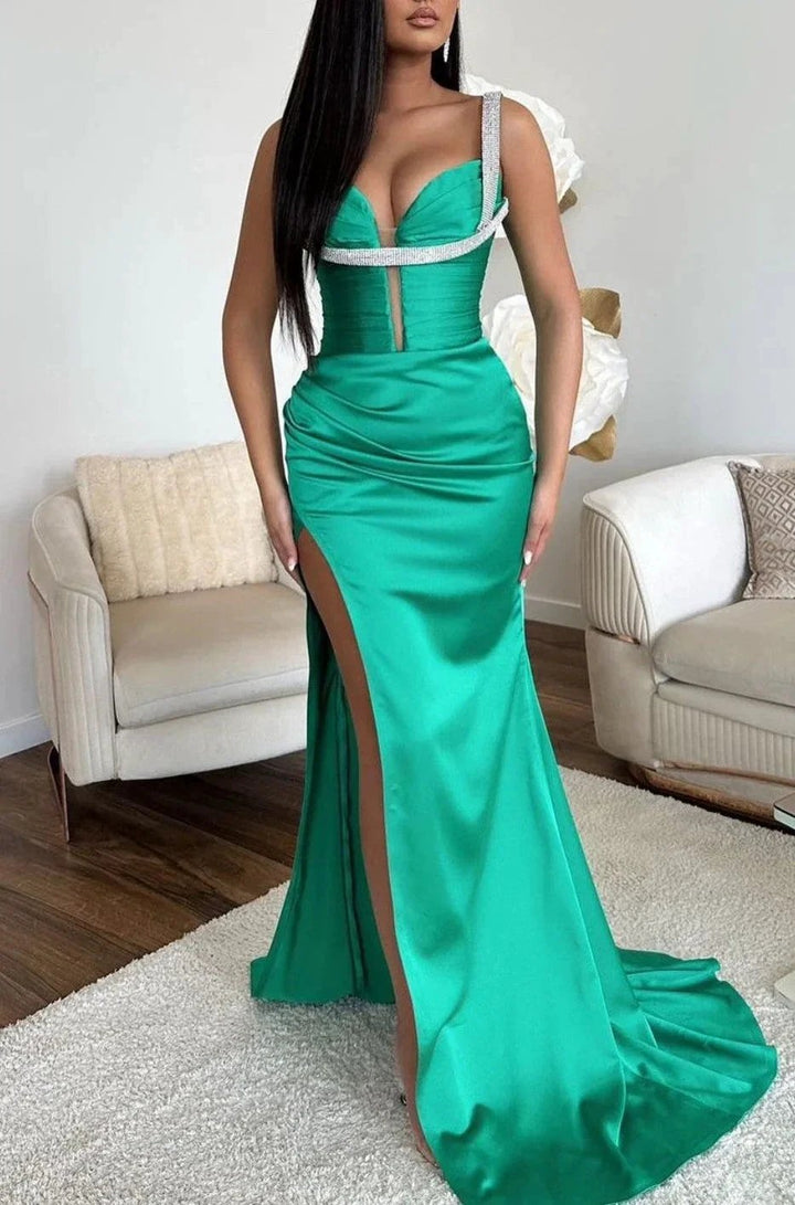Sleeveless Spaghetti Strap Mermaid Prom Dress with High Slit V Neck in Jade by BIZTUNNEL