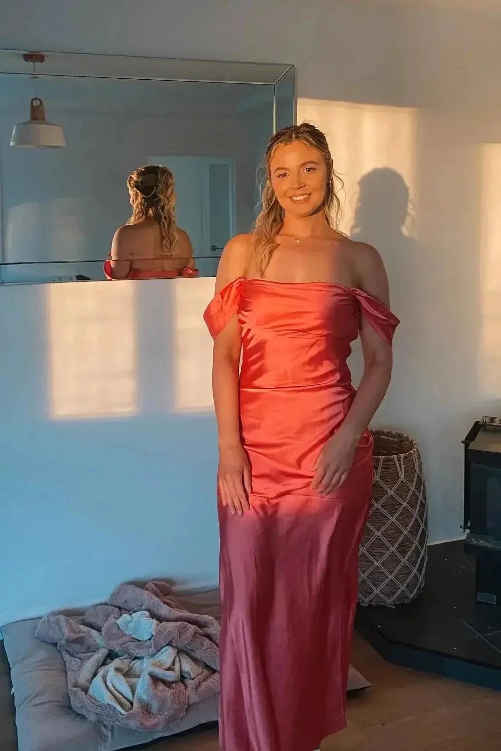 Marquina | Off the Shoulder Coral Mermaid Satin Long Party Dress by KissProm