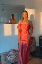 Marquina | Off the Shoulder Coral Mermaid Satin Long Party Dress by KissProm