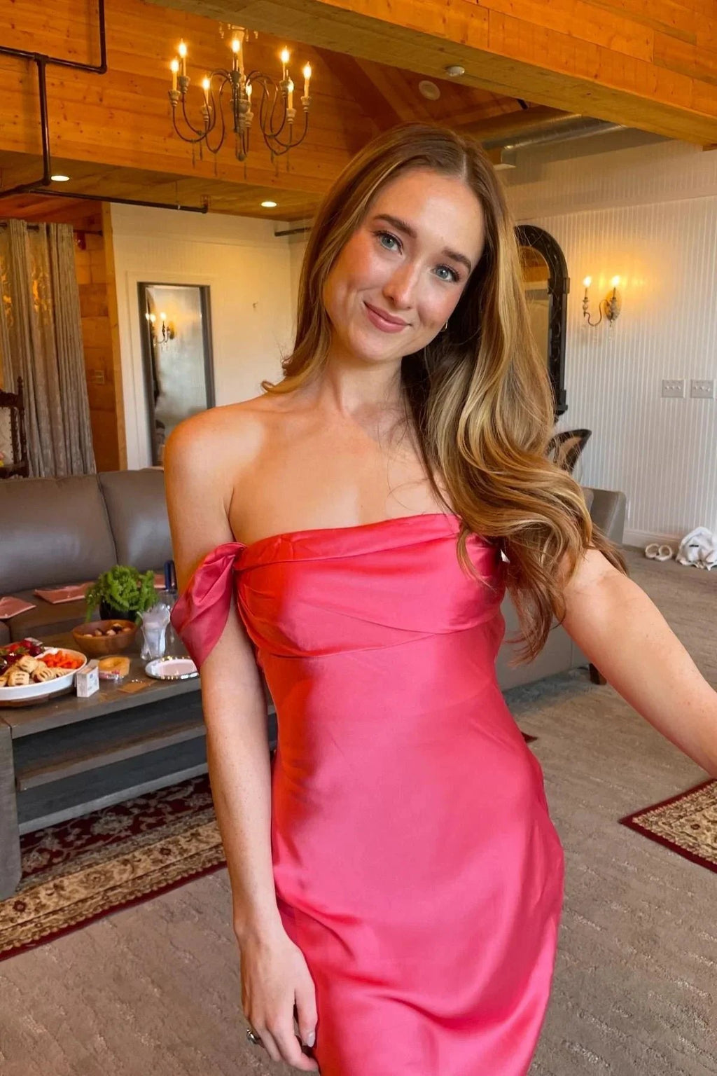 Marquina | Off the Shoulder Coral Mermaid Satin Long Party Dress by KissProm
