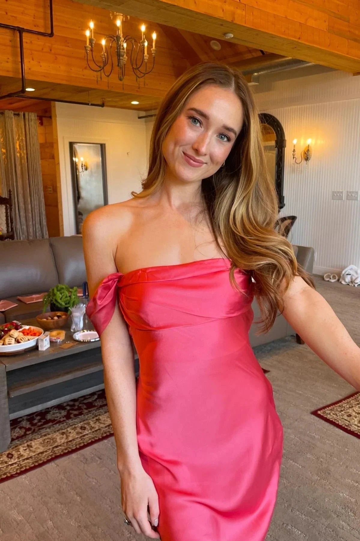 Marquina | Off the Shoulder Coral Mermaid Satin Long Party Dress by KissProm