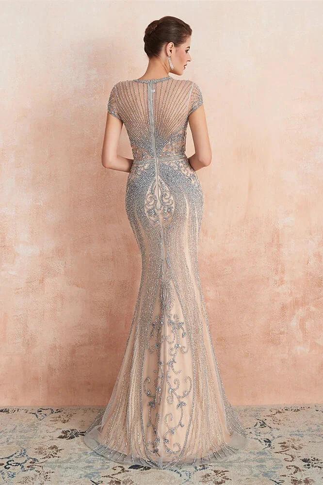Glamorous Mermaid Beadings Long Prom Dress With Short Sleeves by BIZTUNNEL