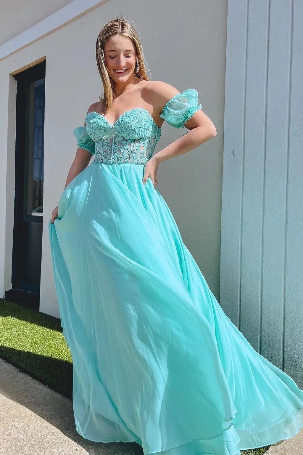 Rachel |A line Sweetheart Chiffon Prom Dress with Puff Sleeves by KissProm